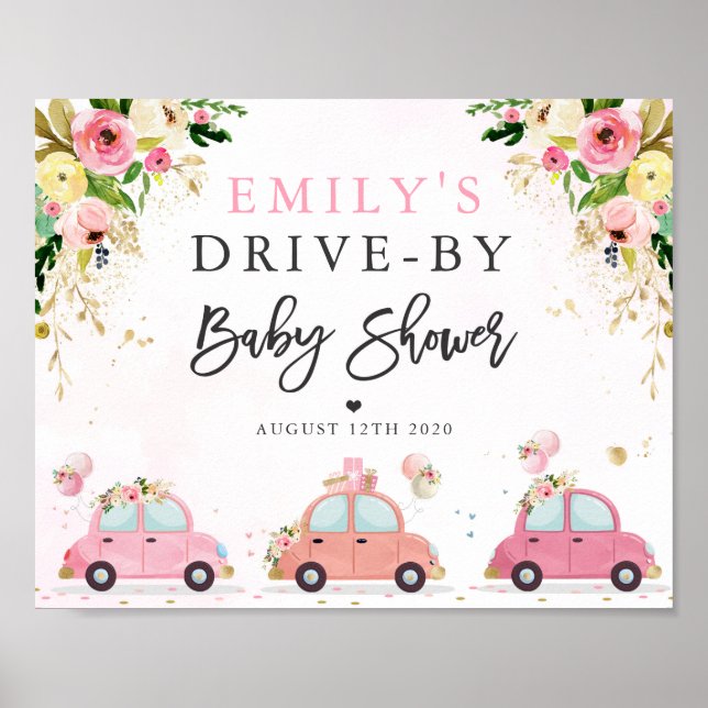 Drive By Baby Shower Welcome Sign Pink Floral (Front)