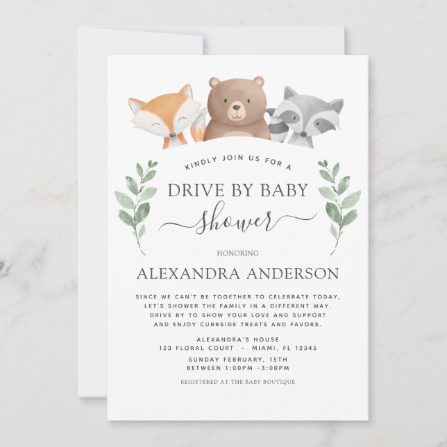 Drive By Baby Shower Woodland Eucalyptus Greenery Invitation (Front)
