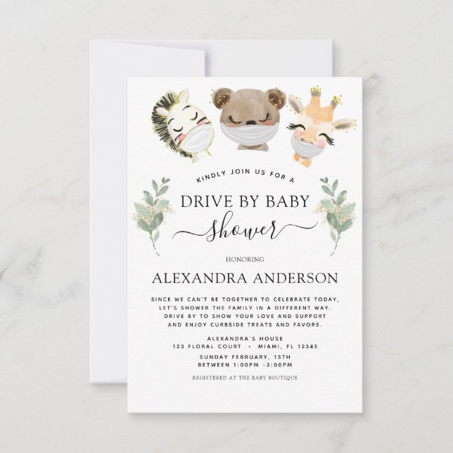 Drive By Baby Shower Woodland Eucalyptus Greenery Invitation (Front)