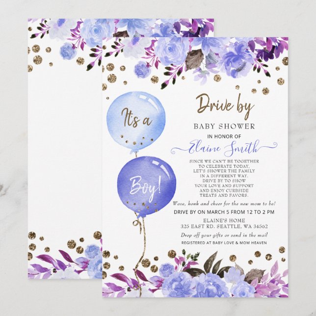Drive by Balloons Blue Floral Boy Baby Shower Invitation (Front/Back)