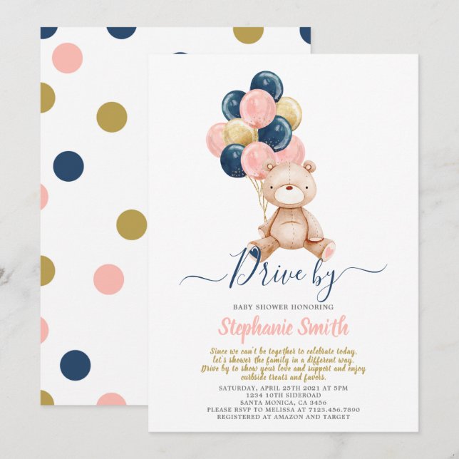 Drive By Bear Gender Reveal Baby Shower Invitation (Front/Back)