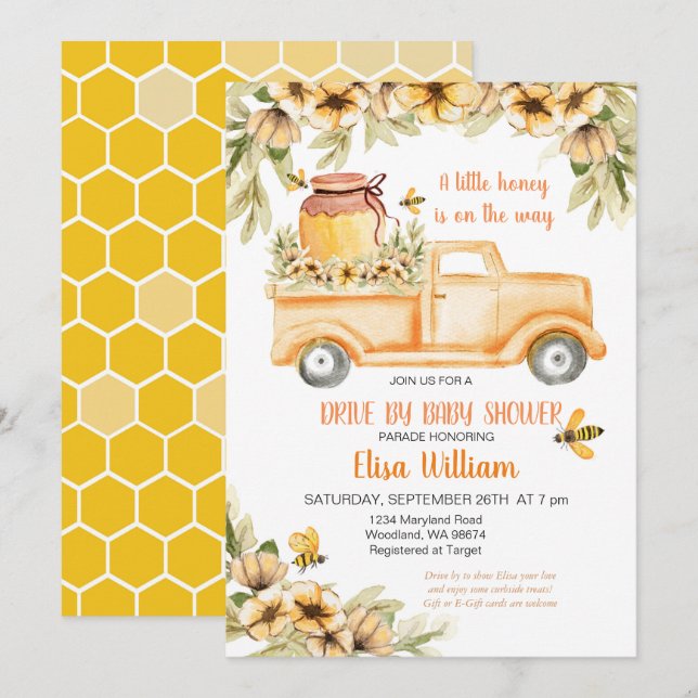 Drive by bee girl baby shower invitation (Front/Back)