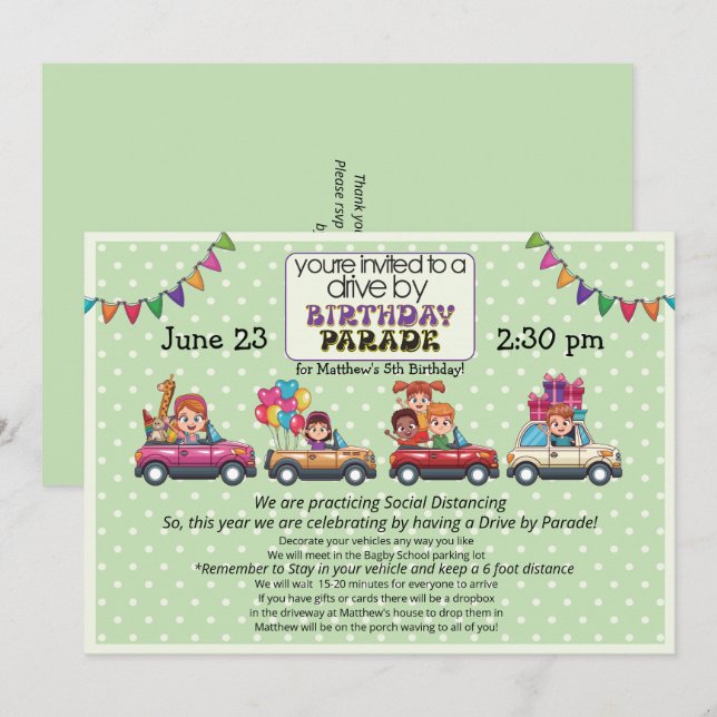 Drive By Birthday Parade for Child Invitation (Front/Back)
