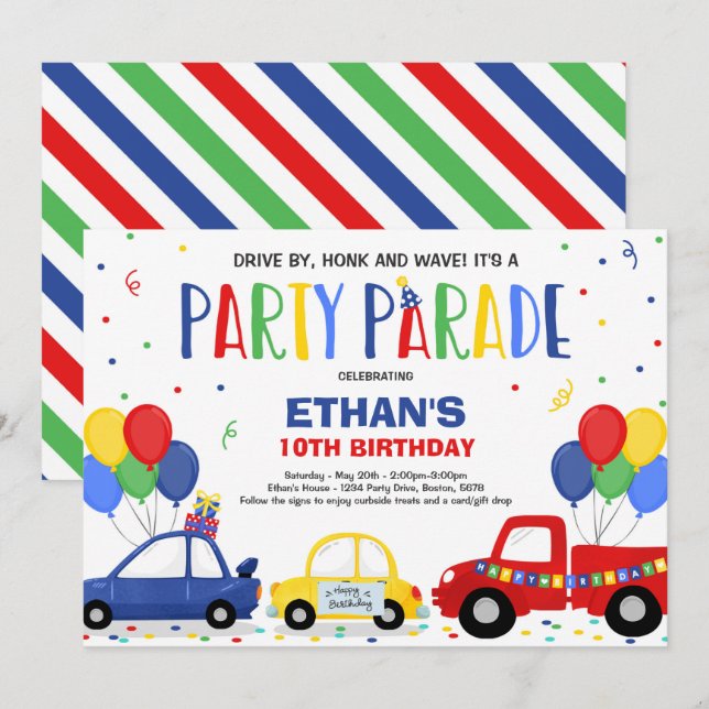 Drive By Birthday Parade Invitation Blue Parade (Front/Back)