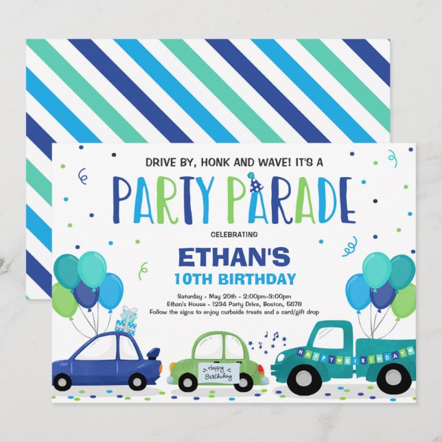 Drive By Birthday Parade Invitation Blue Parade (Front/Back)