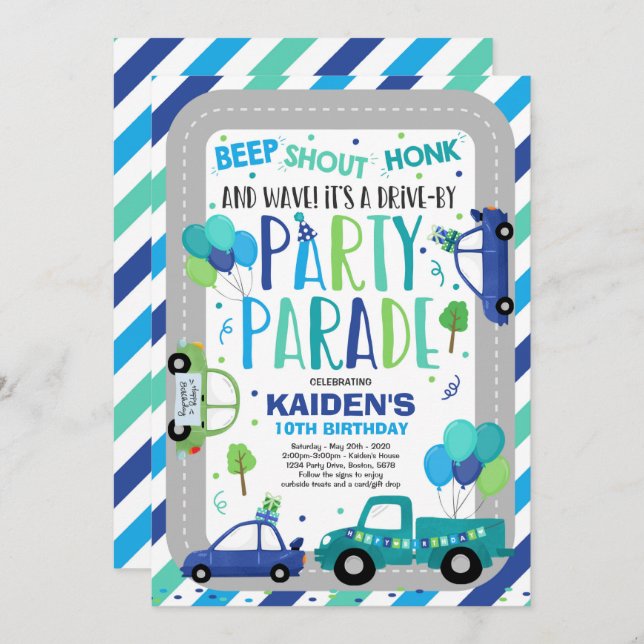 Drive By Birthday Parade Invitation Blue Parade (Front/Back)