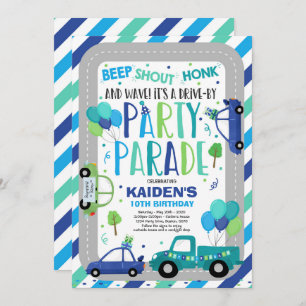 Drive By Birthday Parade Invitation Blue Parade