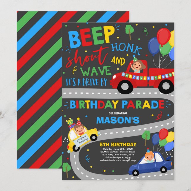 Drive By Birthday Parade Invitation Blue Parade (Front/Back)