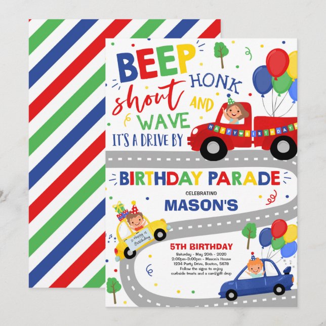 Drive By Birthday Parade Invitation Blue Parade (Front/Back)