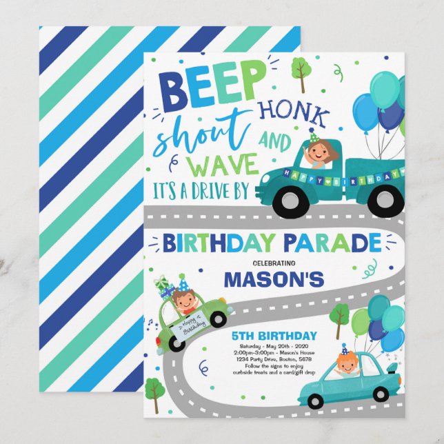 Drive By Birthday Parade Invitation Blue Parade (Front/Back)