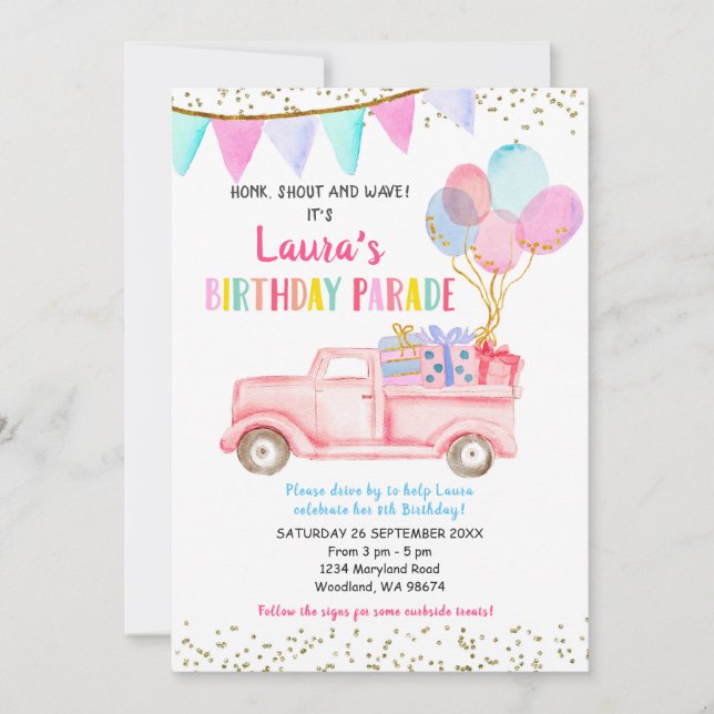 Drive by Birthday parade Invitation for girl (Front)