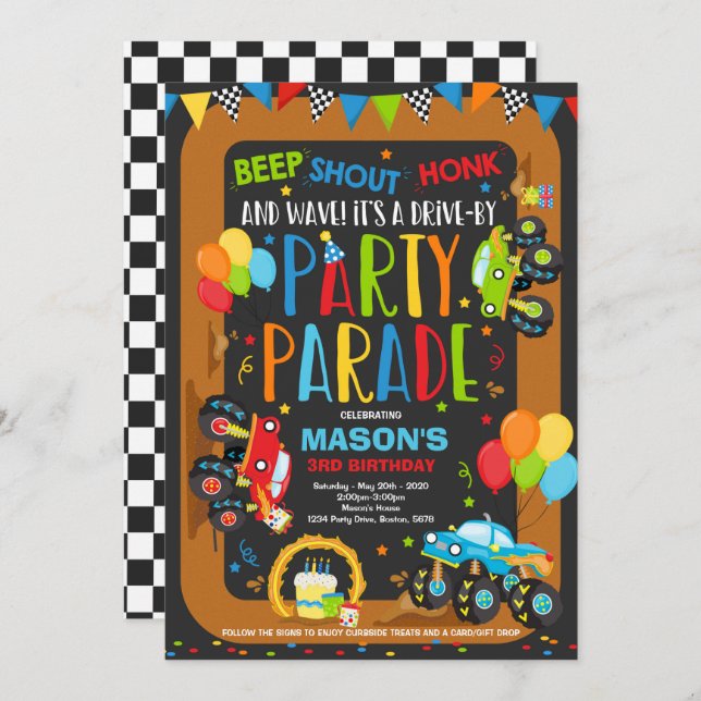 Drive By Birthday Parade Invitation Monster Trucks (Front/Back)