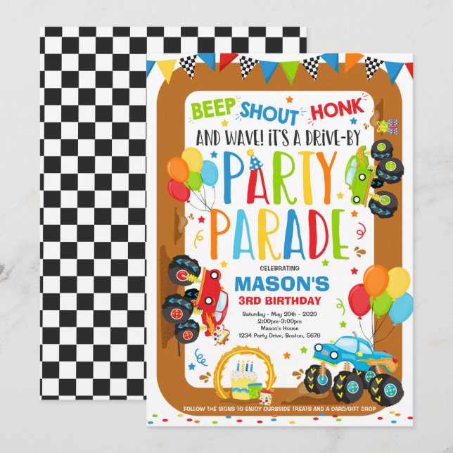 Drive By Birthday Parade Invitation Monster Trucks (Front/Back)