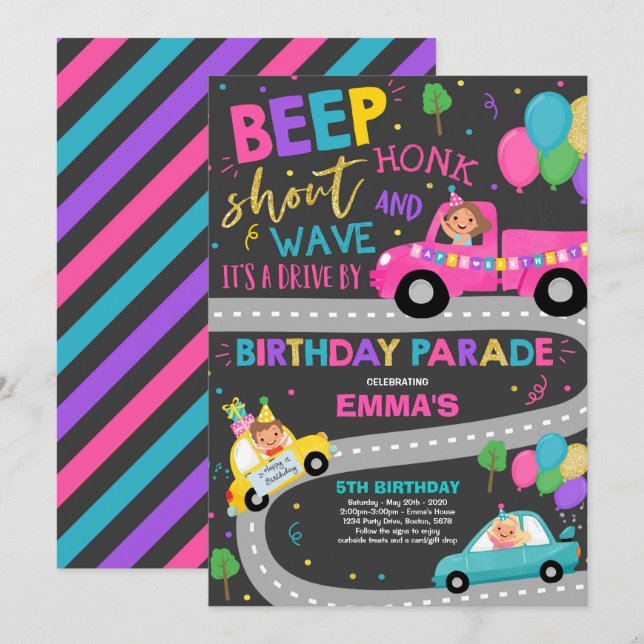 Drive By Birthday Parade Invitation Pink Parade (Front/Back)