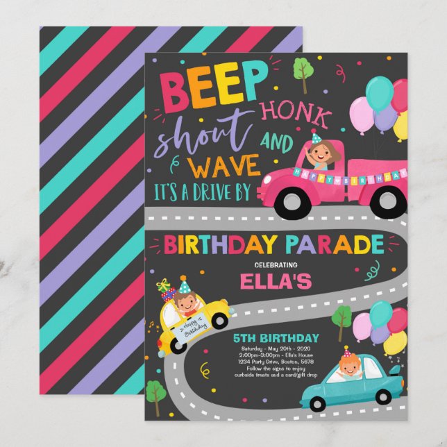 Drive By Birthday Parade Invitation Pink Parade (Front/Back)