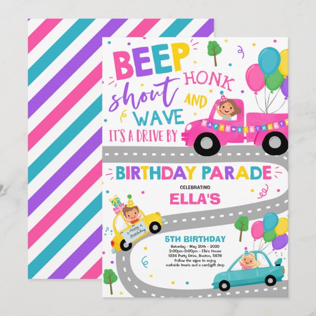 Drive By Birthday Parade Invitation Pink Parade (Front/Back)