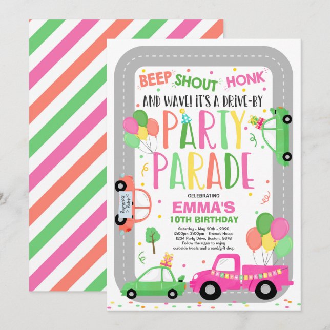 Drive By Birthday Parade Invitation Pink Parade (Front/Back)