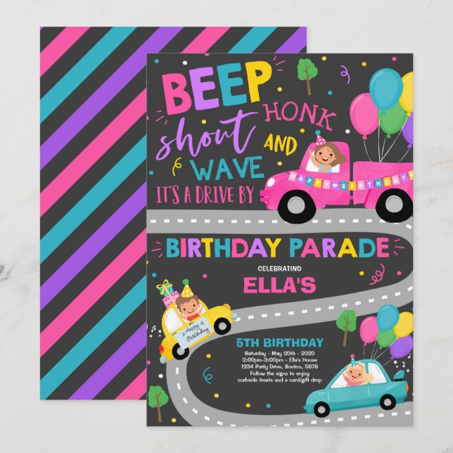 Drive By Birthday Parade Invitation Pink Parade (Front/Back)