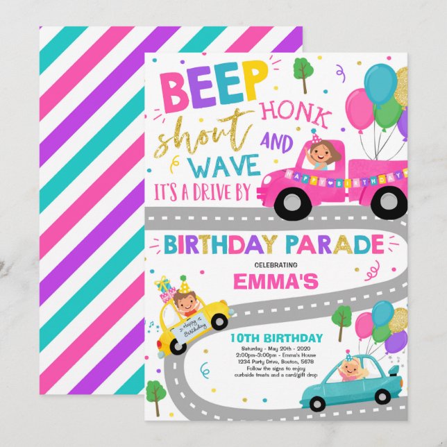 Drive By Birthday Parade Invitation Pink Parade (Front/Back)