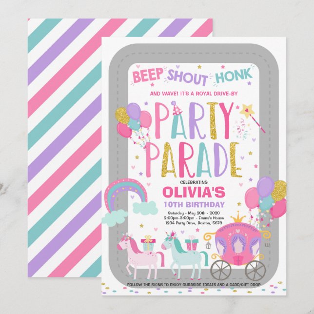 Drive By Birthday Parade Invitation Pink Princess (Front/Back)