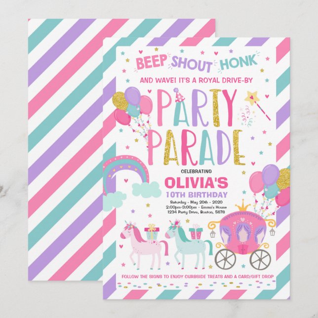 Drive By Birthday Parade Invitation Pink Princess (Front/Back)