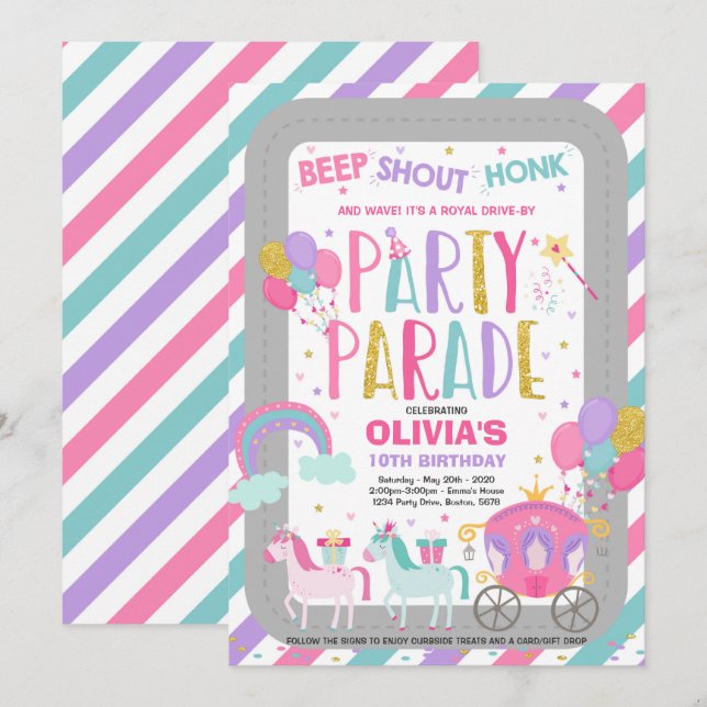 Drive By Birthday Parade Invitation Pink Princess (Front/Back)