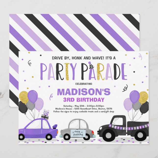 Drive By Birthday Parade Invitation Purple Parade (Front/Back)