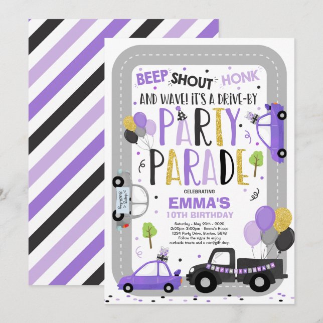 Drive By Birthday Parade Invitation Purple Parade (Front/Back)
