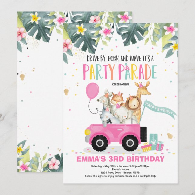 Drive By Birthday Parade Invitation Safari Party (Front/Back)