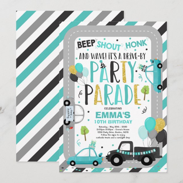 Drive By Birthday Parade Invitation Teal Parade (Front/Back)