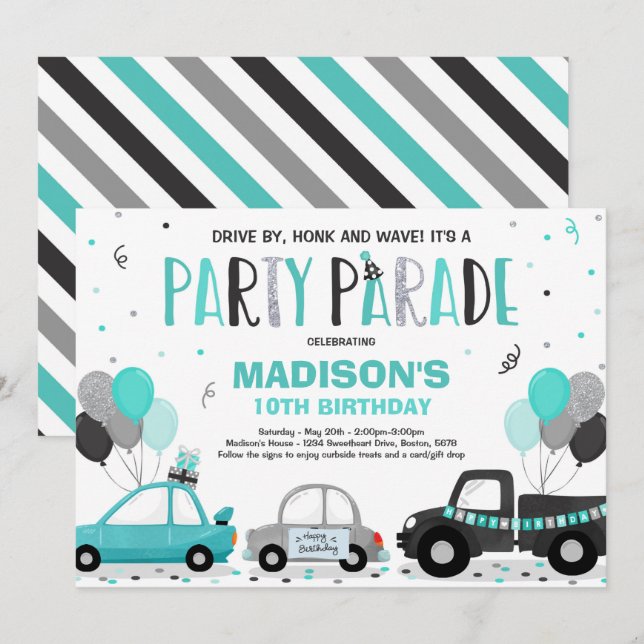 Drive By Birthday Parade Invitation Teal Parade (Front/Back)