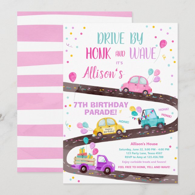 Drive By Birthday Parade Party Pink Drive Through Invitation (Front/Back)