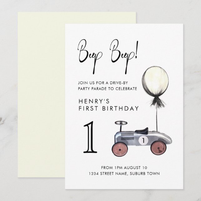 Drive by Birthday Parade Socially Distant Car 1st Invitation (Front/Back)