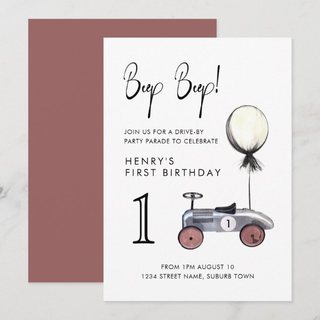Drive by Birthday Parade Socially Distant Car 1st Invitation (Front/Back)