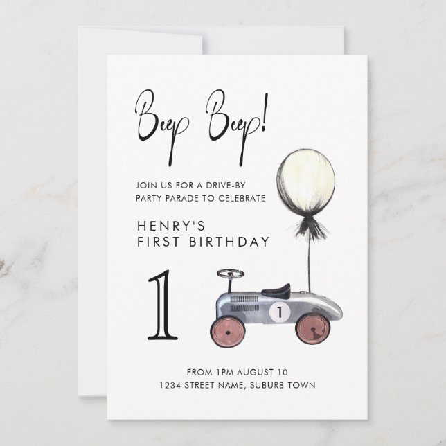 Drive by Birthday Parade Socially Distant Car 1st Invitation (Front)