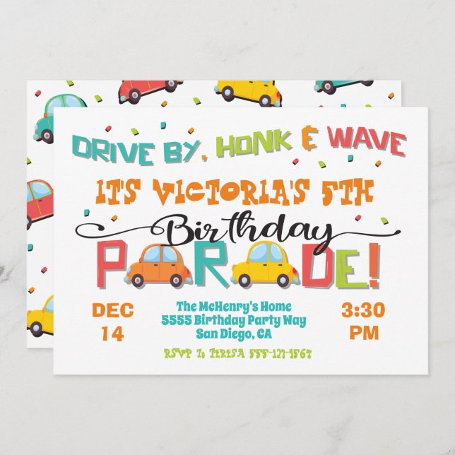 Drive by Birthday Party Parade Invitation (Front/Back)