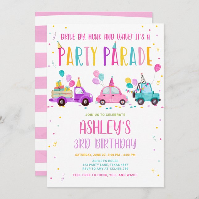 Drive By Birthday Party Parade Pink Drive Through Invitation (Front/Back)