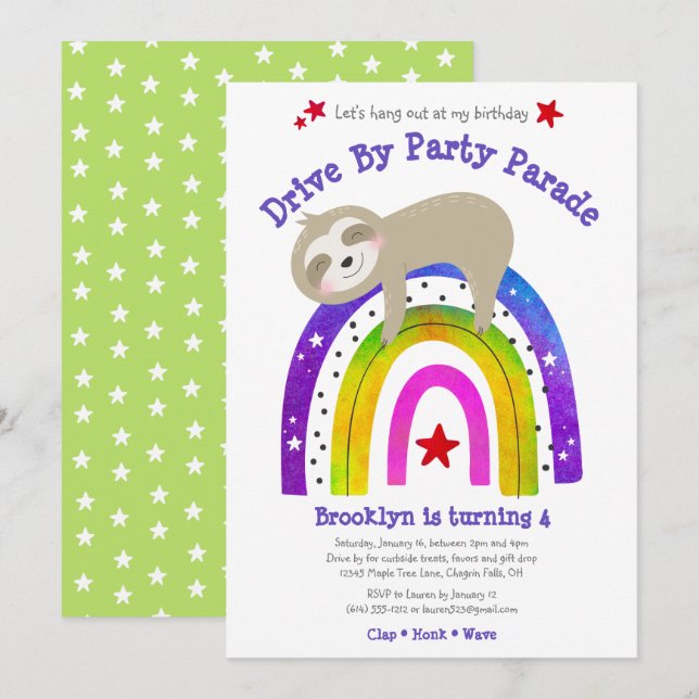 Drive By Birthday Sloth Kawaii Boho Rainbow Modern Invitation (Front/Back)