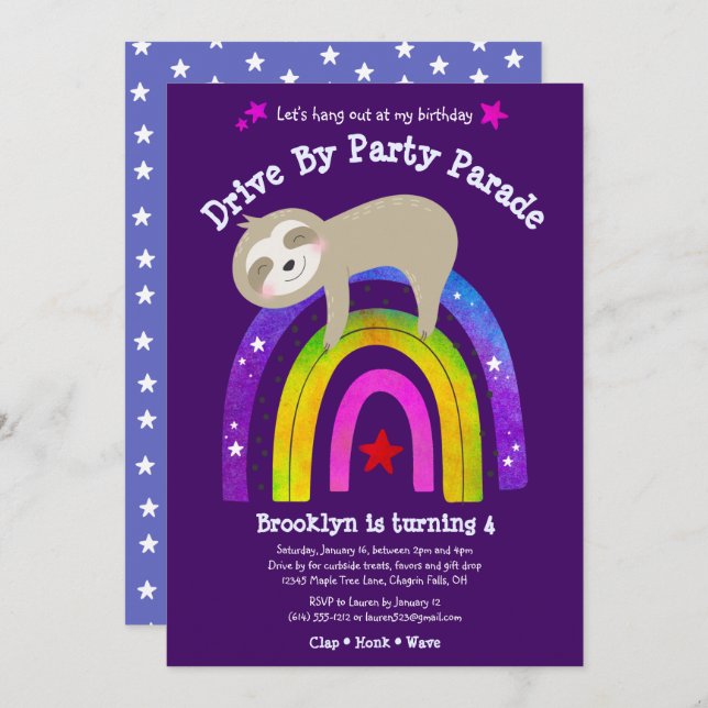 Drive By Birthday Sloth Modern Kawaii Boho Rainbow Invitation (Front/Back)