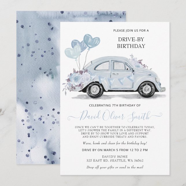 Drive by Birthday Watercolor Floral Blue Car Invitation (Front/Back)