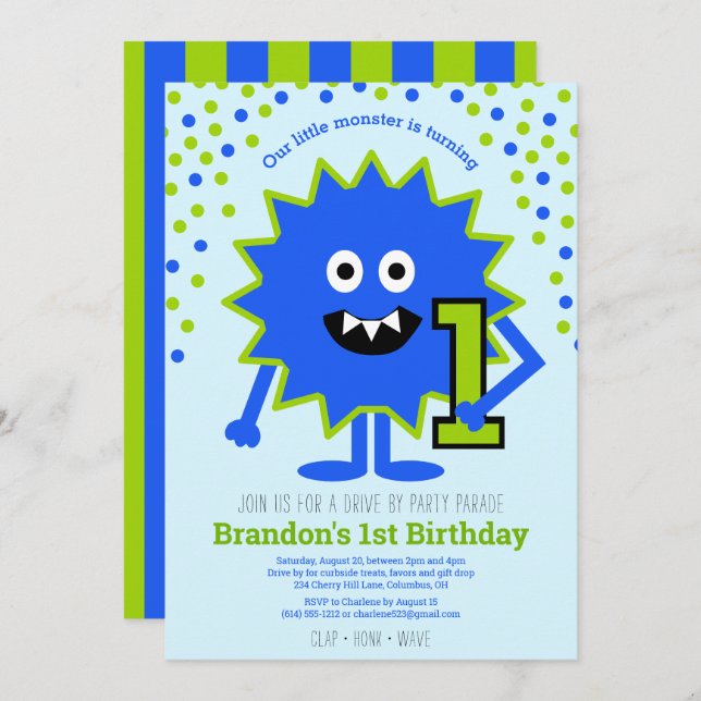Drive By Blue Cute Little Monster Boy 1st Birthday Invitation (Front/Back)