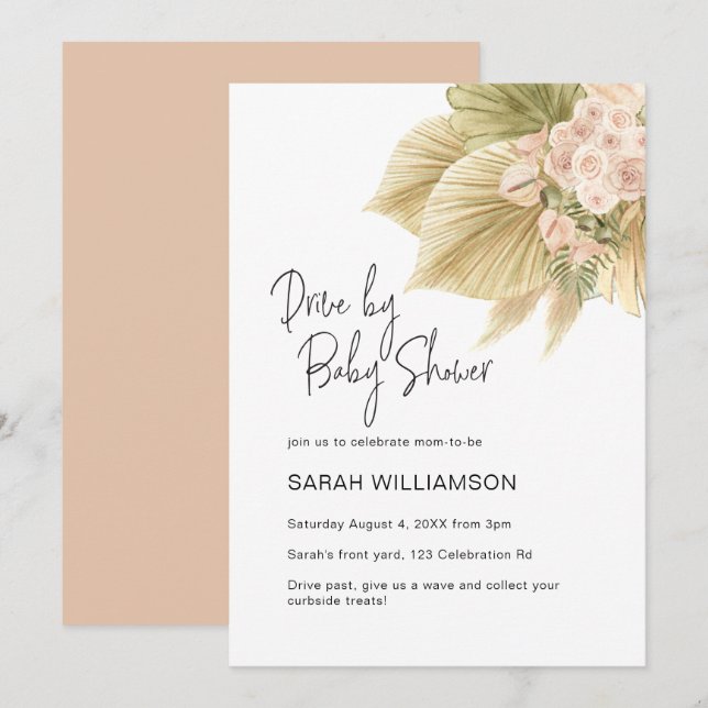 Drive By Boho Floral Pampas Palm Blush Baby Shower Invitation (Front/Back)