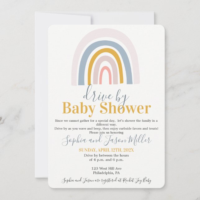 Drive by Boho Rainbow Baby Shower invitation card (Front)