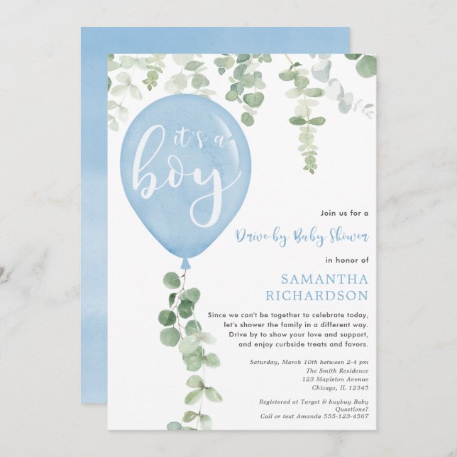Drive-by boy baby shower blue balloon eucalyptus invitation (Front/Back)