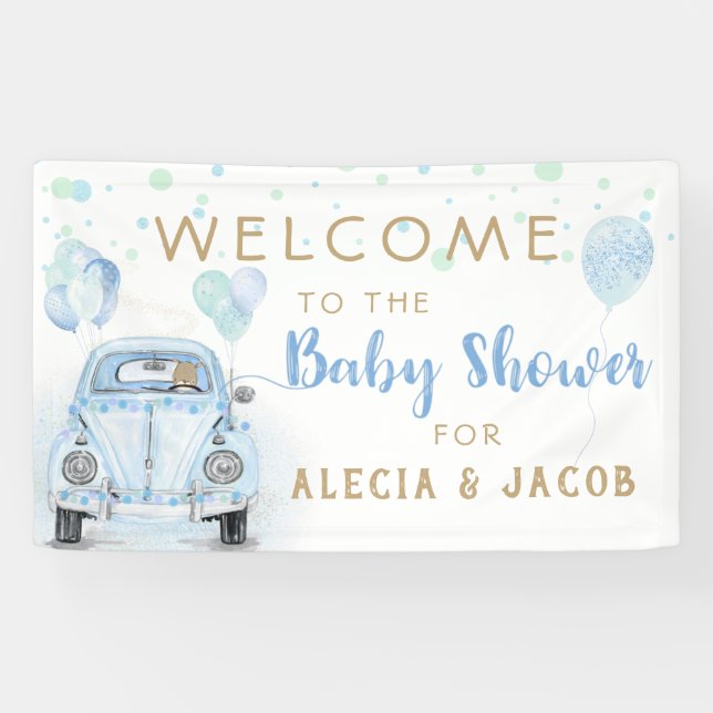 Drive By Boy Baby Shower Gold Blue Car Banner (Horizontal)