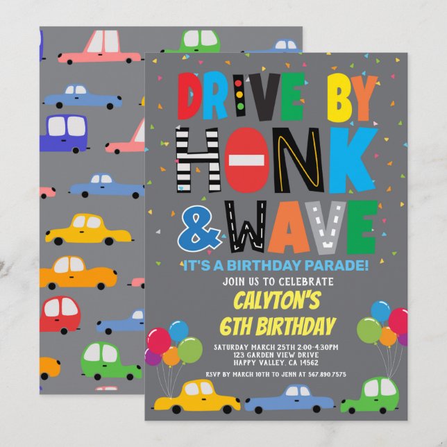 Drive By Boy Birthday Parade Colourful Cars Invitation (Front/Back)
