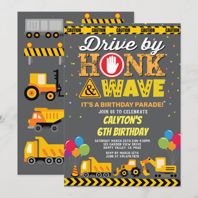 Drive By Boy Birthday Parade Construction Trucks Invitation (Front/Back)