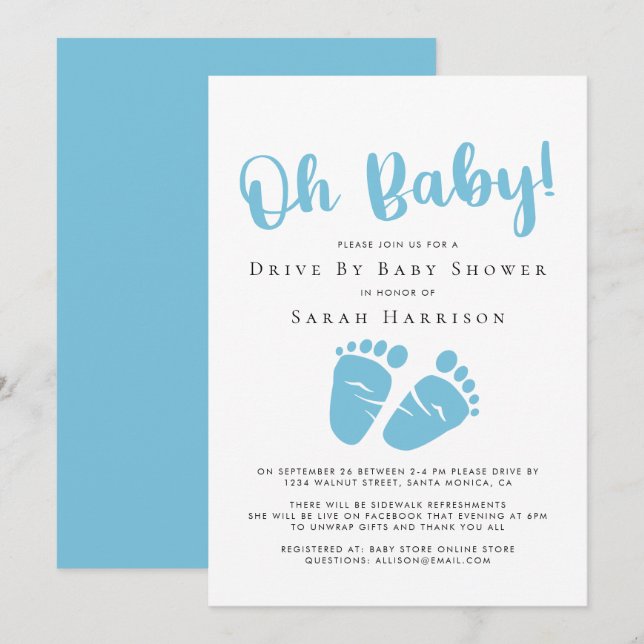 Drive By Boy Shower Oh Baby Feet Blue Invitation (Front/Back)