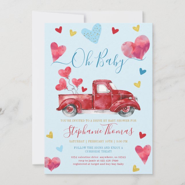 Drive By Boy Valentine Baby Shower with Hearts Invitation (Front)