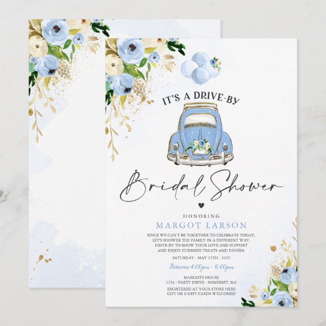 Drive By Bridal Shower Blue Floral Car Drive By Invitation (Front/Back)